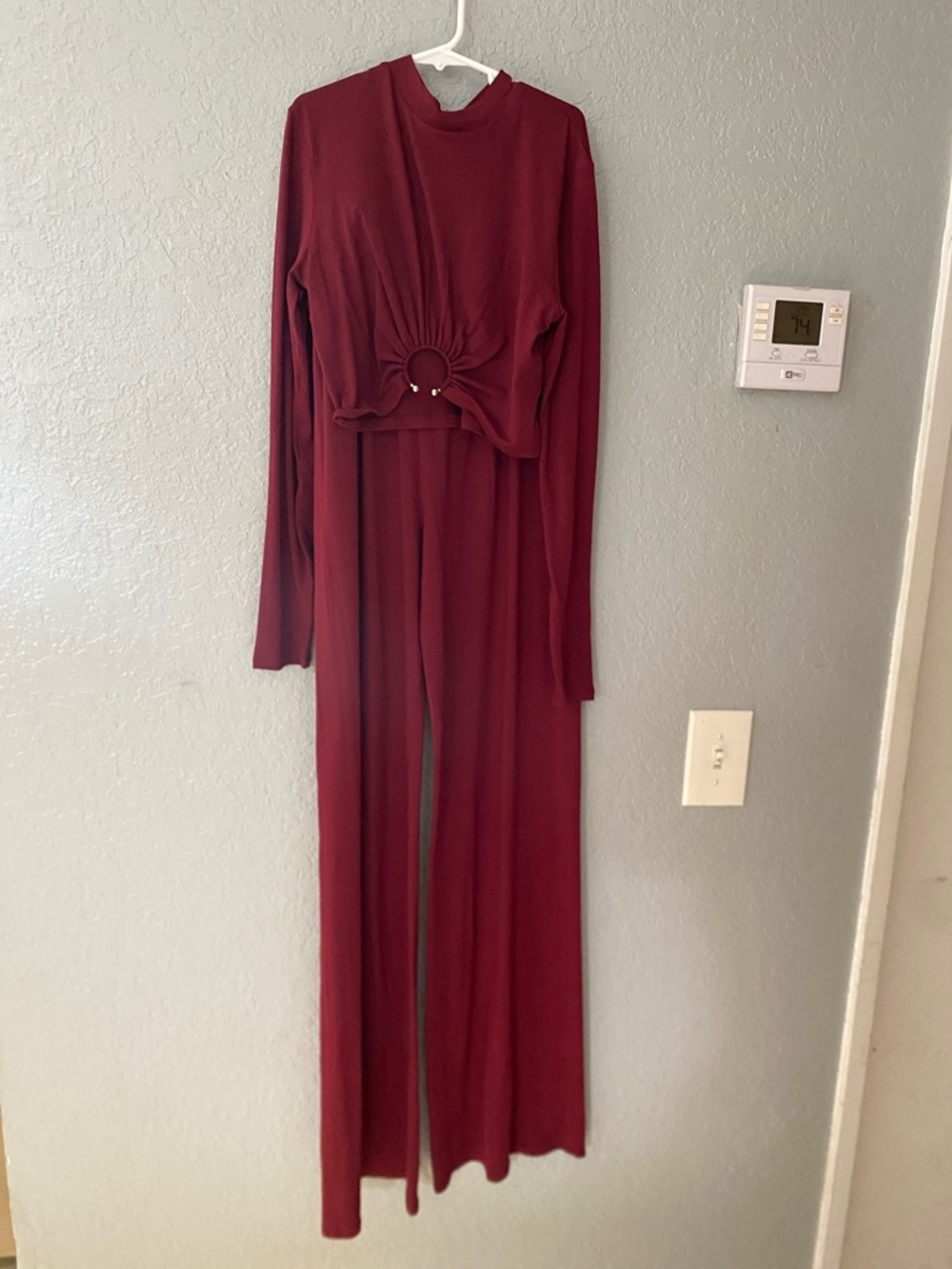 Fashion Nova Long-Sleeve Ring-Front Wide Leg Jumpsuit in Burgundy